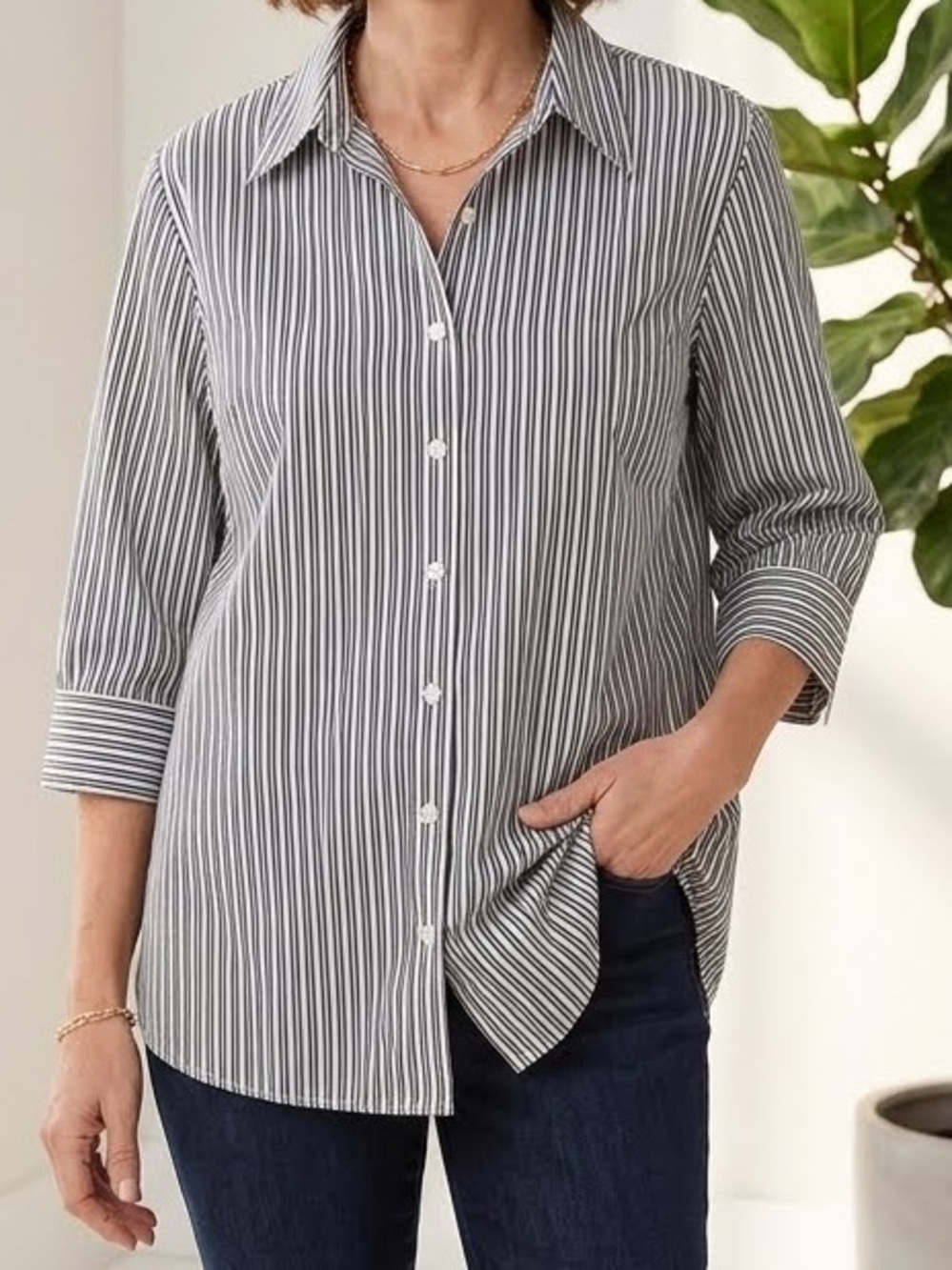 Apt. 9 Button-Up Shirt Top Monochrome Striped black white 3/4 sleeves XXXL (3XL)